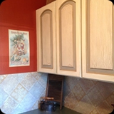 71  Refinished Laundry Room Cabinetry; Custom Painted Accents w/ Antique Crackled Panels.  Hand-painted Faux Tile Backsplash