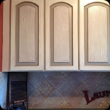72  Refinished Laundry Room Cabinetry; Custom Painted Accents w/ Antique Crackled Panels.  Hand-painted Faux Tile Backsplash