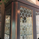 Dining Room Curio Cabinet Custom Etched Glass Panels.  Also Featured; Distressed Heirloom Furniture Finish.