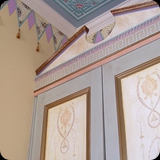 15 Ornamental Ceiling, Hand-painted Wall Banner with Silk Tassels, and Detailed Armoire 