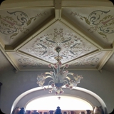 Foyer Stairwell; Lusterstone Coffered Ceiling with Ornamental Stenciled Detailing at Heather’s c. 1814 Stone Schoolhouse & Decorative Arts Studi