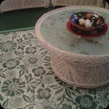 80  Sun Porch; Custom Painted "Lace Rug" Design w/ Coordinating Etched Glass Top on Wicker Table