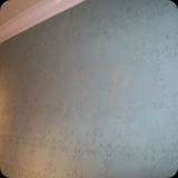 127  Roman Bath (Blue) Venetian Plaster Music Room Walls with Pearlescent Stenciled Lattice Work Motif