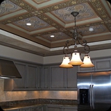 37 Custom Painted Ceiling & Crackled Plaster Backsplash with Inlaid Bronze Medallion