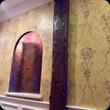 Entrance Foyer & Adjoining Hallways; Faux Finished Background with Stenciled Allover Ornamental Damask Effect.  Gilded Copper Patina Metallic Foil Alcove Niche.