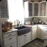 Kitchen Cabinetry Custom Glass Panels; Etched Glass with Ornamental Metallic Foil Grillwork - Installed in Heather’s c. 1814 Stone Schoolhouse & Decorative Arts Studio.  Also Featured; Lusterstone Plaster Walls and Skimstone Decorative Concrete Floor