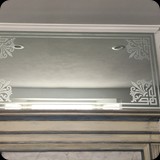 Livingroom; Ornamental Etched Glass Border for Mantle Mirror.  Also Featured; Distressed Heirloom Mantle Finish.