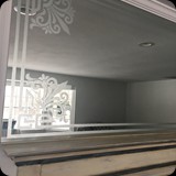 Livingroom; Ornamental Etched Glass Border for Mantle Mirror.  Also Featured; Distressed Heirloom Mantle Finish.