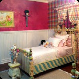 32  Bordeaux Lusterstone Feature Walls to Complement Plaid Silk Wallpaper and Painted Furniture in a Girl's Bedroom